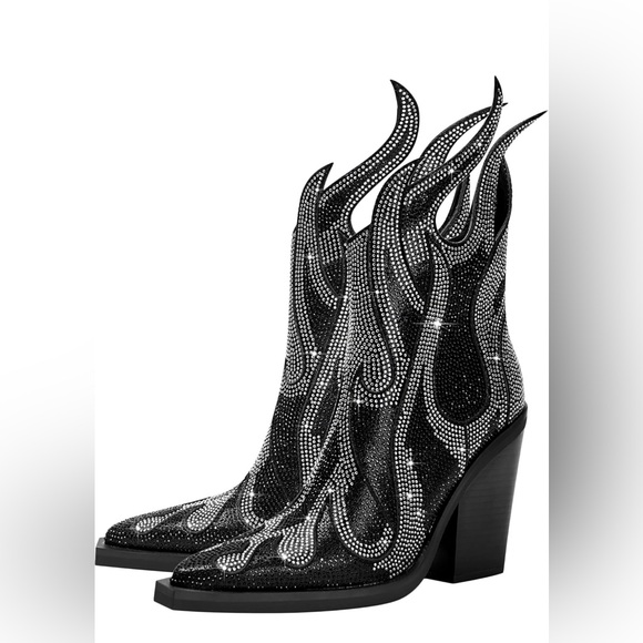 Rhinestone Flame Pointed Toe Block Heel Sparkly Cowboy Ankle Booties - Picture 2 of 8